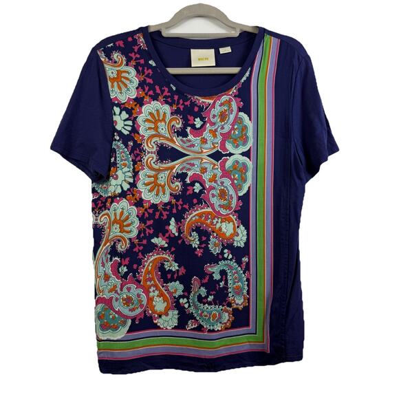 Anthropologie Maeve Maddie Blue Paisley Floral Striped Top Medium Layered Boho - Picture 2 of 14